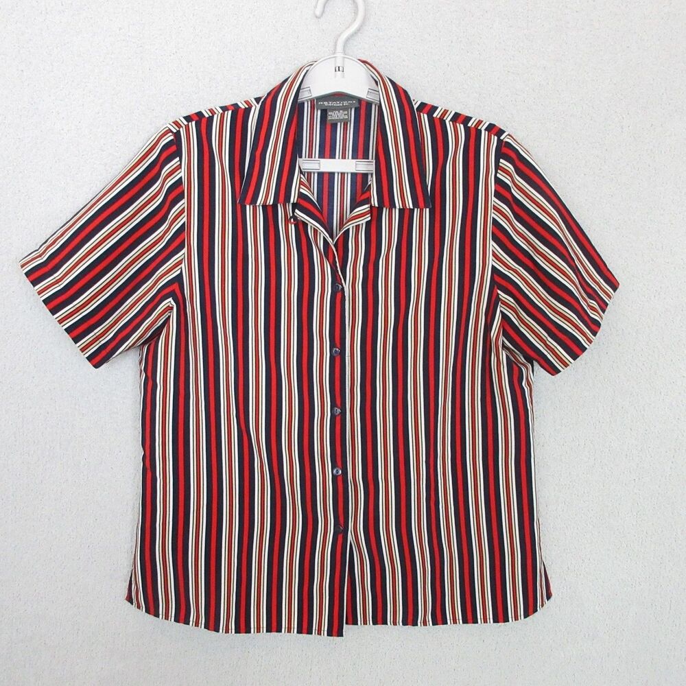 Notations Shirt Womens M Vertical‎ Stripe Button Front Short Sleeve Navy Red